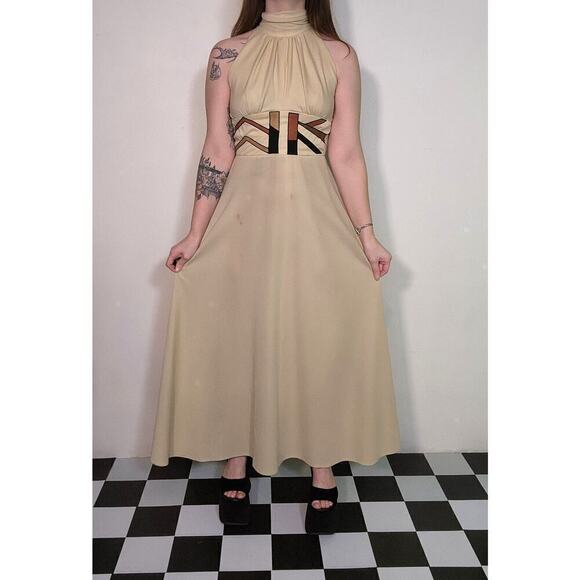 60s 70s Vtg Boho Cream Tan High Neck Maxi Open Back Dress Suede Leather Accent - Picture 2 of 10